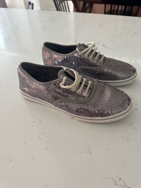 Vans Shoes Womens 6 Silver Sequin Metallic Shiny Disco Skate Skateboard Low Tops